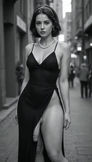 (Futanari:1.5), one dickgirl, (solo:1.4), (erect penis:1.5), 25 years old, (wide hips, hourglass figure, thick tighs:1.4), (testicles:1.3), (1920s vintage photography style), (black and white photo:1.4), a stunning shemale fatale with classic flapper-era wavy short hair, (elegant feathered headpiece), (wearing a deep V-neck sequined evening gown), (delicate pearl necklace), standing beside a classic antique automobile, (1920 year city:1.4), (atmospheric sepia-toned film grain texture:1.4), high contrast chiaroscuro lighting, cinematic composition, moody street background, hyper-realistic detail, fashion photography aesthetic of the roaring twenties, sophisticated and provocative allure, (slit in th dress), .