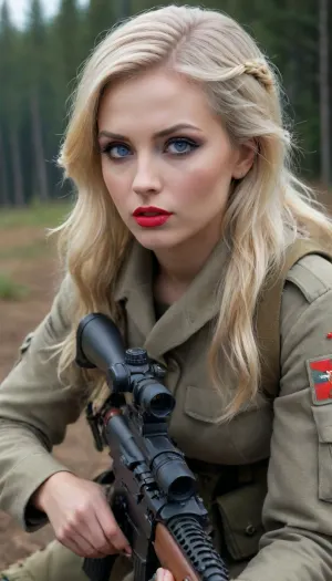 Russian sniper woman od II World.Wr, Full Body, Full view, blonde hair, Blue eyes, red lip stock, Glamour make-up, on battlefield, fucked by german soldier, lyingfloor, <lora:xl_more_art-full_v1:.8>