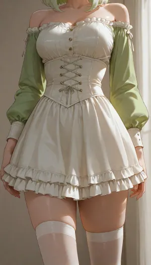 girl, adult, standing, short light green shaggy bob hair, white underbust corset, white ruffled skirt, medium breasts, light green long sleeves, open shoulders, skinny legs, transparent white stockings, socks in frame, legs in frame close, curved pose