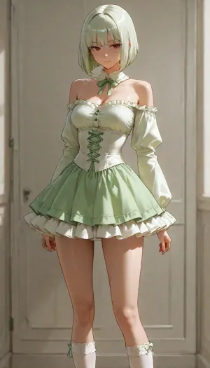 girl, adult, standing, short light green shaggy bob hair, white underbust corset, white ruffled skirt, medium breasts, light green long sleeves, open shoulders, skinny legs, transparent white stockings, socks in frame, legs in frame close