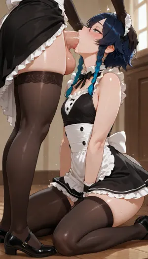 4k resolution, high definition, highly detailed, best possible quality, tiny, petite, flat-chested, femboy, gay, Venti from Genshin Impact, ((futa deepthroat), kneeling, tilted his head back, (raised seductive maid dress, Thigh High Black Stockings), raised maid dress, mega orgasm, tall futa fucking his mouth, (big cock))