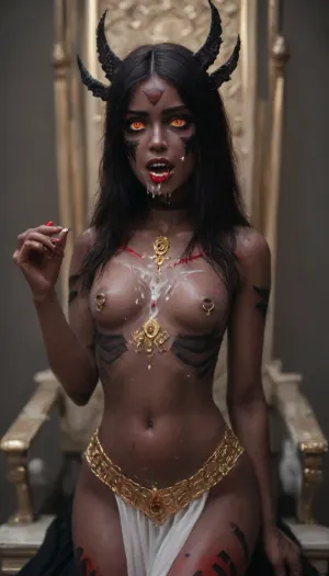 ((((((black transformer body:2)))))), ((((((vampire skin:2)))))), (((beautiful face))), (((long black hair))), (((dancer outfit))), (very big horns), (((black horns))), small round breasts, exposed breasts, gold nipple rings, score_9, score_8_up, score_7_up, (((enticing the viewer forward in a seductive manner))), ((red eyes)), (glowing eyes), demonic tail, adorned in golden jeweled riches, white loincloth, sheer loincloth, seated on a throne, full view, seductivelyhybrid, (transformer), (succubus, woman), (giant monster, woman, 5 fingers, huge, anime, biggest, succubus woman, ever)