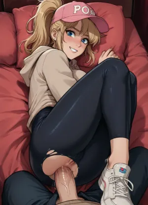 Spooning anal sex, Score_9, score_8_up, score_7_up, reiq meets markgavatino art style, 25 year old, messy blonde hair in ponytail, nose piercing, tatt on arms, large breasts, sweating, shiny skin, ((in love, smiling, cute)), ripped tight yoga pants, sneakers, beige hoodie, pink base cap, anal penetration, male pov, cute, doodle, ratatatat74, <lora:cutedoodle_XL-000012:.8>, <lora:ratatatat74-000050:.8>, <lora:NEOTOKIOXL_0.2_RC:.8>, <lora:outline_xl_kohaku_delta_spv5x:.8>