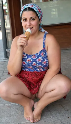 ​A candid, documentary-style photograph capturing an authentic scene in a coastal town in the Black Sea region of Turkey. The image features a cheerful, middle-aged Turkish woman, (Ayşe, early 50s, Black Sea origin, visibly overweight, heavy-set with a large belly and prominent natural features, genuinely sweaty and flushed from high humidity), seated on a rustic wooden bench outside a bustling local ice cream shop in Trabzon on a hot, humid, overcast afternoon. The woman is happily eating a waffle cone with two scoops of chocolate and vanilla ice cream, (Maraş style, melting slightly), held in her right hand. She is laughing warmly with a joyful expression. She is heavy-set, wearing typical regional attire, a long, colorful Black Sea-patterned cotton headscarf, (Yazma, predominantly blue, red, floral motifs, tied traditionally), a dark, loose-fitting cotton dress, (patterned floral design), and a traditional patterned apron over it. Her face is genuinely sweaty with beads of perspiration on her forehead and nose, her dark hair is partially visible. She holds the melting ice cream cone close to her mouth. The background captures the lively atmosphere of the Black Sea street, a small ice cream stall, (sign "KARADENİZ DONDURMASI", "DONDURMACI MUSTAFA"), with other locals, (wearing headscarves, no wearing clothes), pedestrians walking by on cobblestones, traditional wooden Black Sea buildings, a Turkish flag, and lush green mountains rising dramatically in the distance under a humid sky. The woman is seated, robust, wearing the traditional başörtüsü, eating the melting ice cream with delight. She is plump, sweaty, messy, and genuinely happy. The setting shows the busy street, people walking, and the damp environment. The photograph is raw, natural, and documentary-style with natural film grain, sharp focus on the woman's face, warm colors, and a rich, humid atmosphere. She is naked posing. Canon 5D Mark IV, f/5.6, 1/320s, ISO 800, natural daylight., Tifa, Lockhart, <lora:Tifa-Lockhart-Pony:.8>, <lora:TG_Body_XL:.8>, puffy, nipples, dark, ghost, wide, <lora:Nipples XL:.8>, bukkake, cum, <lora:MS_Real_XL_Bukkake:.8>