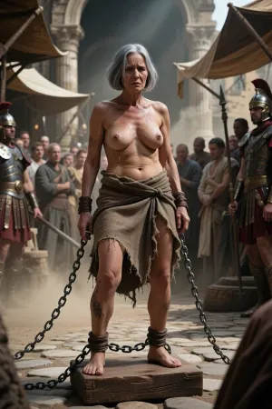 (Raw, cinematic, 8K, masterpiece, ultra-realistic, detailed still), (An aged woman, 70 years old:1.8), . Her skin is that of a 70-year-old woman. The old lady has gray hair cut in a bob., (Small, long, and very saggy breasts:1.8), ((very detailed skin)), . Gray hair cut in a bob. Disheveled. A magnificent old woman stands on a wooden block in the center of an ancient Roman slave market. She wears a torn, dirty, low-cut burlap dress that fails to contain her sagging breasts. Her face is filled with distress and tears. Her bare hands and feet are bound by heavy iron chains. The scene is animated by a crowd of onlookers and Roman soldiers in the background. The atmosphere is dusty and sinister, with dramatic, dim lighting that casts long shadows on the cobblestone ground. Full-length shot, low angle.