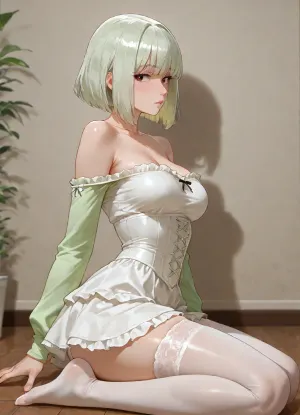 girl, adult, short light green shaggy bob hair, white underbust corset, white ruffled skirt, medium breasts, light green long sleeves, open shoulders, skinny legs, transparent white hold-ups stockings, sitting on floor, high-waited white panties, cheeky panties, view from side, curved pose
