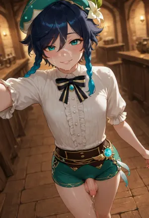 4k resolution, high definition, highly detailed, best possible quality, femboy, Venti from Genshin Impact, solo, tiny, petite, flat-chested, medium cock and balls, Look a viewer, face covered cum, huge cum on face, facial cum, happy expression, walking, in tavern, clothes, selfie