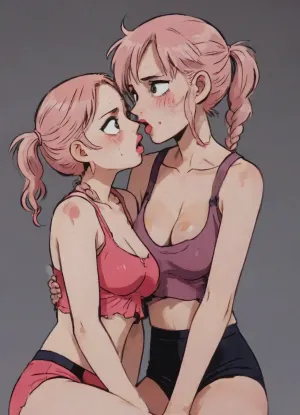 Score_9, score_8_up, score_7_up, reiq meets markgavatino art style, clise up view, view from below, 2 women kneeling beneath you, tight body, exposing their breasts, breasts exposed, ((1 pee 18year old white braided hair and 1 19 year old pink hair in pigtails)), small breasts, sisters, reluctantly kissing, inbetween thier lips, embarred, ((crying, tears, tears in eyes, ruined makeup)), ((on faces, leaking from mouth)), ((shot:1.4)), ((everywhere:1.3)), cute, doodle, ratatatat74, <lora:cutedoodle_XL-000012:1.3>, <lora:ratatatat74-000050:.8>, <lora:NEOTOKIOXL_0.2_RC:1.4>, <lora:outline_xl_kohaku_delta_spv5x:.8>