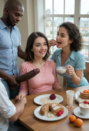 (interracial cuckold:1.4), (extreme super giant large massive black penis:1), A cheerful, (old husband), and, (young wife with her mature Mom), sitting at a cozy breakfast table at home, morning light coming through the window. Both are in sexy slutty sheer pajamas, smiling and, (feeding each other giant black 2penises:1.4), (cum dripping from penises to plate and cup:1.6), cum bucket on dinner table, (There's super sticky cum on tea, super sticky cum on bread, super sticky cum on fruit:1.4), and giant black penis on the table. The scene feels fresh, intimate, and warm — a loving couple starting their day with big black penis., diaphanous, dress, detailed, eyes, perfect, freckles, skin, texture, photorealistic, <lora:add-detail-xl:.8>, <lora:xl_diaphanous_dress-1.0:.8>, <lora:Super_Eye_Detailer_By_Stable_Yogi_SDPD0:.8>, <lora:cfg_scale_boost:.8>, <lora:detailed_notrigger:.8>