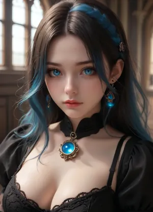 goth girl, plump tits, steampunk, sensual eyes, elegant longhair, hextech, blue glow, dimly lit observatory, dynamic angle