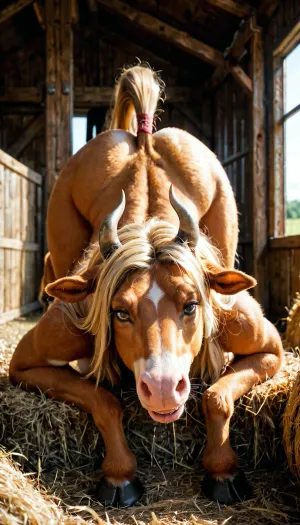 Naked female, Blonde, (((furry body))), hooves, horns, farm, very furry, big round boobs, long hairy tail, looking at viewer, crawling, deep throat, horse