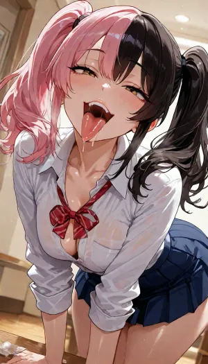 solo, anime style, masterpiece, best quality, perfect face, perfect body, dynamic composition, dynamic angle, BREAK, beautiful young woman, gyaru, mesugaki, (((twintails:1.5), split-color hair, half black and half pink)), drop eyes, pearl skin, ((naughty face)), open mouth, tongue out, long tongue, (drool:1.3), <lora:add-detail-xl:1.2>, <lora:attractive_notrigger:1.2>, <lora:detailed_notrigger:1.2>, <lora:LCMTurboMix_Euler_A_fix:1.2>