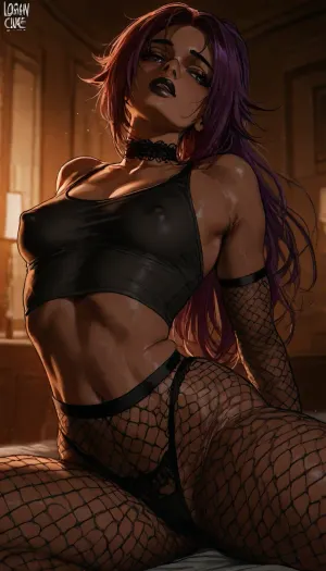 Score_9, score_8_up, score_7_up, (logan cure art style:1.5), (umikochannart art style:1.2), ((small breasts)), ((yoruichi shihounin)), sitting, (dynamic pose:1.2), fishnet leggings, fishnet sleeves, black tank top, lace choker, high waist panties, (ambient light), warm light, dynamic lighting, dark room, candlelight, big lips, black lipstick, (swollen nipples), (big lips:1.1), midriff, detailed abdominal muscles, (covered nipples:1.2), (slight under boob:.35), raised nipples, (huge tits:1.3), (thick thighs), soft nipples, breasts bursting out, (leaning back:1.3), arched back, high contrast, (dramatic lighting:1), score_9, <lora:mk_Bp Anime_xl:.8>, <lora:EnvyAnimeDigitalPaintingXL01:1.9>