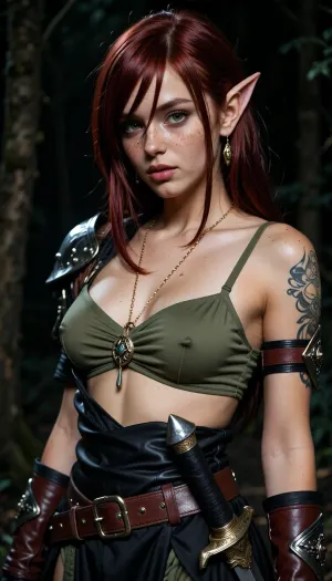 Masterpiece, 1girl, solo, 20 year old redhead girl standing in a dark forest, (seductive pose), (model pose), Wood elf, very long dark redhead straight hair with side-swept bangs covering one eye, big green eyes, detailed eyes, tan skin, wearing a olive green bandeau top, one shoulder pad, gold chain with pendant, gold earrings, black silk loncloth attached to a leather belt, sword at her belt, leather medieval bracers, shoulder tattooed, supermodel, face, big, lips, freckels, medieval dark fantasy atmosphere, cinematic lighting, best quality, high contrast