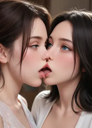 "Imagine a face that not only catches the light, but also commands it. The skin still resembles shining porcelain, but now it is accentuated by an iridescent highlighter on the cheekbones and bridge of the nose, giving the face a heavenly glow, as if kissed by dew. The eyebrows are clearly defined, which gives the facial expression confidence and charm. But the real drama begins with the eyes, bold, shimmering gold or electric blue eye shadows blend over the eyelids, forming spectacular smoky shadows that give the look a hypnotic and piercing hue. The eyelashes are thick, voluminous and inky black, framing the eyes like a dark, seductive curtain."
"And lips... they are no longer just soft coral. They are painted in a bright, glossy crimson color — so bright that it feels like a challenge. It's an impossible-to-miss face, a masterpiece of bold colors and precise lines that transforms beauty into something exhilarating."
"Her black hair is cut into a sharp, asymmetrical bob that touches her jawline on one side and falls slightly on the other, creating a dynamic sense of movement even when she stands still. The texture is polished to a glassy sheen, making the hair look like liquid silk. The roots remain smooth and fit snugly to the scalp, and the tips are trimmed with such precision that they look almost like a blade. To give the hairstyle a modern look, a hidden neckline at the back of the head gives it a clean, fresh look, and a deep fringe with a side parting falls over the forehead, partially covering one eye and giving the image a mysterious charm.", each, other's, tongues, kissing, other, on, the, lips, cunnilingus, 2girls, girl, licking, pussy, <lora:kissing_v2:.8>, <lora:Cunnilingus XL:.8>