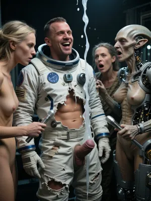 (4K UHD ultra-detailed), high detailed, 8k, (photorealistic:1.7), (masterpiece, best quality, highres, photorealistic, ultra-detailed, cinematic lighting, sharp focus), 1/2 length view, high quality, best quality, realistic, photorealistic
Show a male astronaut. His uniform is torn. He has a small erect penis
Three old female aliens stand around the man. They look extraterrestrial, some have visible mechanical parts. They are holding medical instruments and intend to examine the astronaut's penis.
Then white transparent cum shoots out of the penis from bottom to top into the women's faces. The man laughs, the women are shocked.