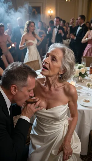 90 years old granny, most wrinkled body, most wrinkled pussy, most wrinkled face
The old man secretly fucks the drunk bridesmaid 90 years old, at the wedding, everyone is dancing, and no one sees it, wears an elegant white dress, looking up, sweaty, disheveled hair, (man looks down to her:1.4), she hides under the table, several drunk party guests dancing in the blurred background, ballroom, shot from above, haze of cigar smoke in the air, filled with dust and smoke, cinematic moody lighting, tense but charismatic atmosphere, crowd, of, people, cloudy, smoke, atmospheric, clouds, fog