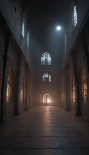 (in style of Makoto Shinkai anime), female ghost in corridors of magical castle, semi-transparent vague figure, floating over the floor, dark vaulted dungeon without windows, (no windows nor other lighter), (late night, darkness, low-light:1.7)