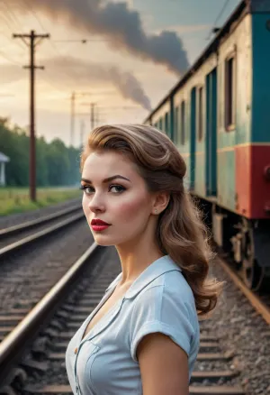 (in style of soviet propaganda poster), (pin-up poster in Valery Barykin art style), girl near railway, headcar of electric train is appearing