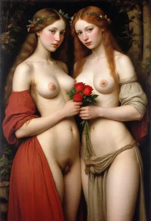 2woman, naked, break, painting, first woman, 127 years old, enormous breasts, blond hair, holding a rose, second woman, 18 years old, petite, very dark brown hair, ery small breadts, grown of flowers around her head, (style of Albrecht Durer:1.7), John, Constable, J.C., Leyendecker, Style, page, <lora:John Constable Style:.8>, <lora:J.C. Leyendecker Style:.8>