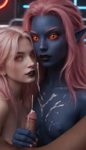 (1woman, 1man, hetro couple), (dark blue skin:1.5), (smooth unblemish skin:1.5), (slit pupil:1.6), (pale blue eyes:1.3), (red sclera:1.5), (etheral hair:1.8), (neon pink hair:1.9), (rivuleting hair:1.3), (black lips:1.3), (pointy ears:1.3), space bar, (1man, out of frame, white man, masturbating his, (small cock:1.6), (handjob)), (cum on body:1.6), (ejaculation:1.7)