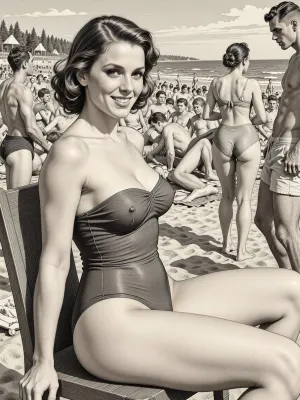 This is is a detailed monochromatic pencil drawing in a classical illustrative style depicts a scene set in USSR in 1960s, A crowded beach, summer, bright sunshine, women in swimsuits, men in shorts, men have a thick bulge in shorts, beautiful Russian brown elegant hair married mother, smiling, a seductive face, beautiful brown eyes, wide hips, mother wearing in swimsuit, sitting on a chair, the legs are slightly spread apart, a vulgar smile, Very good quality, The overall mood is intense, rendered in fine, expressive line work and subtle shading, evoking the style of 1950s satirical or moralistic illustrations.