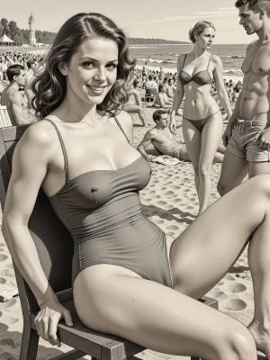 This is is a detailed monochromatic pencil drawing in a classical illustrative style depicts a scene set in USSR in 1960s, A crowded beach, summer, bright sunshine, women in swimsuits, men in shorts, men have a thick bulge in shorts, beautiful Russian brown elegant hair married mother, smiling, a seductive face, beautiful brown eyes, wide hips, mother wearing in swimsuit, sitting on a chair, the legs are slightly spread apart, a vulgar smile, front view, Very good quality, The overall mood is intense, rendered in fine, expressive line work and subtle shading, evoking the style of 1950s satirical or moralistic illustrations.