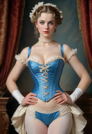 woman in underwear from the 18th century, corset, (farthingale:1.3), pantaloons, rococo style, J.C., Leyendecker, Style, page, <lora:J.C. Leyendecker Style:1.9>, <lora:Portrait_perfection:.8>, bright, blue, eyes, <lora:bright_blue_eyes:.8>