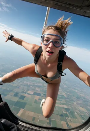 A Photograph of a 20yo beautiful girl with Grey eyes. Naked with sneakers. She ist skydiving. Jumping Out of an airplane. She wears a skydiving goggles.