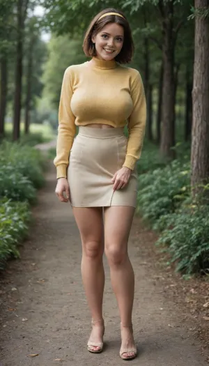 3897113, Mom, full body side view, fit cute, busty, 40yo, Canadian, brunette, smiling, happy, exhausted, very attractive, look at the viewer, huge breasts, yellow wool jumper, beige heels, bob haircut, hairband, brown high waist skirt, ((standing, legs apart, skirt pulled up, waiting for intense vaginal penetration)), (natural hairy private part:1.5)