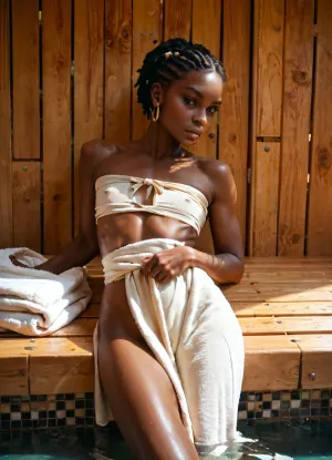 masterpiece, score_9, score_8, high defined details, more realistic, natural, solo, black african girl, flat chested, 20 years old, very tall, flat broad nose, lying in the sauna with a towel wrapped around the body