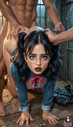 reiq style, (girl 25 years old wears glasses with round lenses and thin frames:1.3), light blue eyes, black lipstick, dark goth makeup, (black hair styles short wavy hair in high twin tails with pink bows in hair), doggystyle, fucked by captian america, front view, standing doggystyle, sad, big butt, torn clothes, hair pulling, good lighting, Prison, full body view, <lora:detailed_notrigger:2>, <lora:add-detail-xl:.8>, <lora:LCMTurboMix_Euler_A_fix:.8>