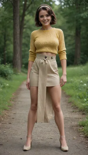 3897113, Mom, full body side view, fit cute, curvy, 40yo, Canadian, brunette, smiling, happy, exhausted, very attractive, look at the viewer, yellow wool jumper, beige heels, bob haircut, hairband, brown high waist skirt, ((standing, legs apart, skirt pulled up, waiting for intense vaginal penetration)), (natural hairy private part:1.5)