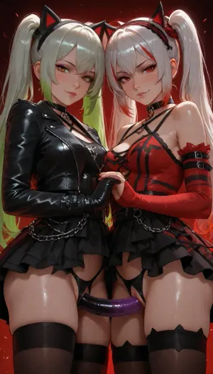 Different twins, both Woman in camera view, Photorealistic, highly detailed, a cute gothic girl with long twin tails, black and white split-dye hair with red glowing tips, red ribbon, black cat-ear headband with glowing red eyes and heart symbol, sharp green eyes, mischievous dominant smile, fair skin, wearing a red and black diamond-patterned top, black leather jacket, red arm warmers, black choker with chain, black skirt with red accents, black thigh-high stockings with red stripes and heart details, dark fiery red background with floating embers and hearts, dramatic lighting, cinematic, 8k, sharp focus, wet pussy, she is fucking second woman with giantstrap-on dildo, <lora:Buttplug__SDXL:.8>