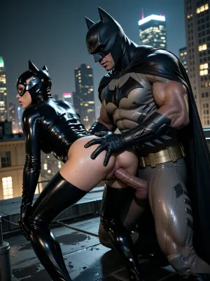 On the rooftops of Gotham Ciry. side view, Catwoman being penetrated by big muscular Batman, anal penetration, Defined bodies, Batman has a giant cock, High quality image, 4k, ultra definition, Batman grabs her ass with both hands and lifts it up, Batman with the Batsuit on, Catwoman bending forward, Oiled, shiny ass, Impressive anal penetration, we see her stretched anus, backlit by the city lights, cinematic lighting.