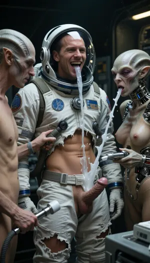 (4K UHD ultra-detailed), high detailed, 8k, (photorealistic:1.7), (masterpiece, best quality, highres, photorealistic, ultra-detailed, cinematic lighting, sharp focus), 1/2 length view, high quality, best quality, realistic, photorealistic
Show a male astronaut. His uniform is torn. He has a small erect penis
Three old female aliens stand around the man. They look extraterrestrial, some have visible mechanical parts. They are holding medical instruments and intend to examine the astronaut's penis.
Then white transparent cum shoots out of the penis from bottom to top into the women's faces. The man laughs, the women are shocked.