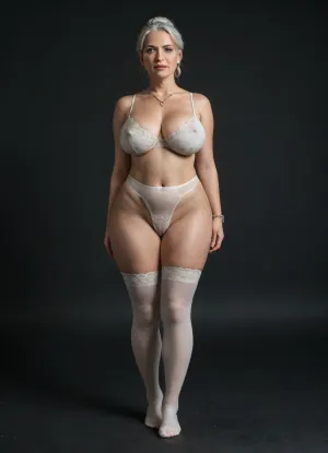 gilf, mature, (milf:1.5), 55 yo, medium view, behind view, freckles, white hair, high bun, very sleek bun, black room, black background, eyes wide open, photorealistic, best quality, afterglow, 4k, ((masterpiece)), extremely detailed, 8k, Intricate, High Detail, Sharp focus, curvy, 1girl, (beautiful face, perfect eyes:1.2), (busty and curvy1.2), (thick:1.35), (thick thighs), (huge breasts:1.2), (massive ass:1.2), (wide_hips), collarbone, (white bra, white panties, stockings), solo_focus, sensual, seductive, mouth open, hairy pussy, erect nipples, earrings, bracelet, necklace, sexy thick legs, standing, front view, feet exposed, (stockings feet:1.3), ((contrapposto)), face, <lora:SDXL_BetterFaces-LoRA_v1:.6>, <lora:add-detail-xl:.6>, <lora:detailed_notrigger:.6>
