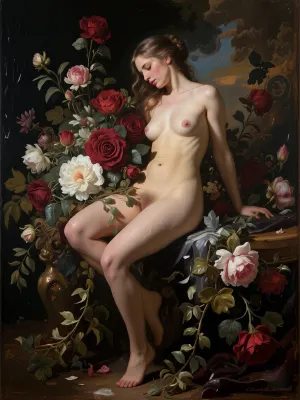 The sensual figure of a nude woman, gracefully intertwined with lush, sprawling Baroque floral arrangements of deep crimson roses, white peonies and cascading ivy. A rich oil painting style, dramatic chiaroscuro and tenebrism, a deep, dark background with warm highlights on the skin and petals. Style and technique, bold impasto brushstrokes, visible canvas texture, the techniques of the classical masters, the influence of Caravaggio and Rachel Ruys, a romantic and atmospheric mood.