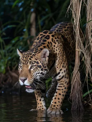 A giant Jaguar, strawling through the Jungle at night, a calm river flows beneath His Position, cinematic shot, dynamic lighting, 75mm, Technicolor, Panavision, cinemascope, sharp focus, fine details, 8k, HDR, realism, realistic, key visual, film still, cinematic color grading, depth of field.