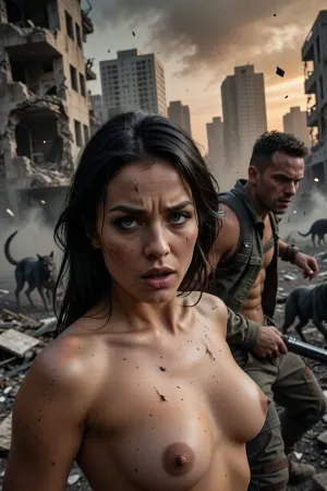 In the foreground is a close-up of a stoic, beautiful woman, her face streaked with dirt and sweat, radiating unbridled emotion—a mixture of utter horror and fierce resistance—her eyes wide open, fixed on the threat. Beside her, a tense man moves dynamically, shielding her with his weapon aimed at the enemy. They are running through the ruins of a devastated, ash-covered metropolis. In the background, shattered concrete skyscrapers pierce the toxic, smoke-filled orange-grey sky, whilst in the misty distance, amidst the rubble, dark silhouettes of grotesque, mutated, wolf-like monsters roam. Dust particles, flying ash and shards of glass are swept into the air by a powerful shockwave, with dramatic, high-contrast natural lighting, depth of field and ultra-high detail, (8K resolution), .