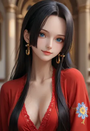 portrait of Boa Hancock from One Piece, tall woman, wearing a deep v-neck red top, (pale skin), ((tall adult large face)), ((black hair:1.5)), ((long hair), (straight hair:1.5)), side locks framing her face, blue eyes, gold earrings, (smile), (large high forehead), cute, small nose, athletic body, looking at viewer, half body view, front side view, (((focus on face))), <lora:Midjourney Image Enhancer XL v1:.6>, <lora:SDXLHighDetail_v6-000005:.4>, <lora:detailed_notrigger:.6>, <lora:attractive_notrigger:.6>