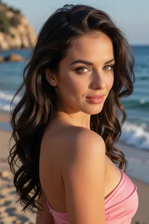 (sensual 27yo woman, Italian woman, elegant beauty:8), (sensual smile, flirty pose, suggestive expression), (dark brunette hair, thick luxurious hair, long hair with soft curls, sophisticated stylish hair), (rich warm skin tone, angular and regal chiseled facial structure), (huge expressive eyes, pale brown eyes, wide-set eyes:4), (stylish strapless rose-pink top), (flattering golden-hour portrait on a stunning Mediterranean beach:8), (layered composition with a sharp focus on her enchanting eyes), (rule-of-thirds framing, subject anchored to right side of shot with scenic view over her shoulder:2)