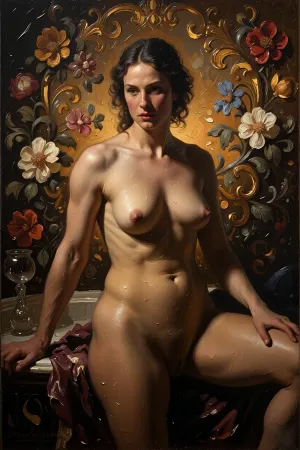 An oil painting in the High Baroque style, depicting a fully nude young woman with dark hair gathered in a loose bun. Her gaze is directed downwards, her expression is calm, pensive and slightly melancholic, and she stands with both hands resting on the bath behind her.
Behind her is a huge, sumptuous golden Baroque cartouche with lavish acanthus scrolls and symmetrical ornamentation, radiating a warm golden glow. To the left and right are large, realistic peonies with dense petals, painted with thick impasto brushstrokes.
The lighting consists of a powerful, warm, directional light coming from above and to the left, reminiscent of a large candle. It creates soft, three-dimensional, oily highlights on the dewy skin of the shoulders, chest, abdomen and thighs, as well as bright golden reflections on the ornamentation. The right side of the body is bathed in deep, warm shadows. The strong chiaroscuro effect contrasts the radiant gold with the dark background.
Painting style, classical European oil painting of the 17th–18th centuries, executed with modern academic precision. Characteristic brushwork, dense, rich, rounded brushstrokes on the gold ornamentation and flower petals, impasto of white and ochre on the droplets and highlights, soft glazes, smooth tonal transitions on the figure. A rich, deep colour palette, a sense of the paint’s density and materiality, a high degree of detail in the skin, water and metal. A museum-quality masterpiece of oil painting with the highest level of detail.