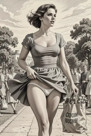 This is is a detailed monochromatic pencil drawing in a classical illustrative style depicts a scene set in USSR in 1960s, Russian, 1960s, strong wind, beautiful Russian short brown hair milf in pin-up style, mother with hourglass figure, (wide hips), she is walking in the park, a strong wind lifts the hems of her sundress, (her white panties are visible), a lot of people, seductive faces, The grocery bag in her hand, The overall mood is intense, rendered in fine, expressive line work and subtle shading, evoking the style of 1950s satirical or moralistic illustrations.