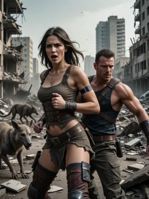 A A portrait of a beautiful woman with an expression of intense emotion on her face and a man — both in dynamic motion — set against the backdrop of a ruined city in the aftermath of the apocalypse, with the surrounding landscape and mutated animals roaming in the distance. Depth of field, high resolution, a masterpiece, 8K.