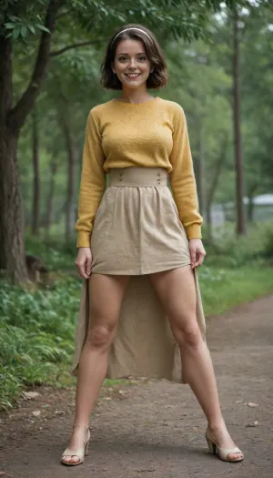 3897113, Mom, full body side view, fit cute, muscular, 40yo, Canadian, brunette, smiling, happy, exhausted, very attractive, look at the viewer, yellow wool jumper, beige heels, bob haircut, hairband, brown high waist skirt, ((standing, legs apart, skirt pulled up, waiting for intense vaginal penetration)), (natural hairy private part:1.5)