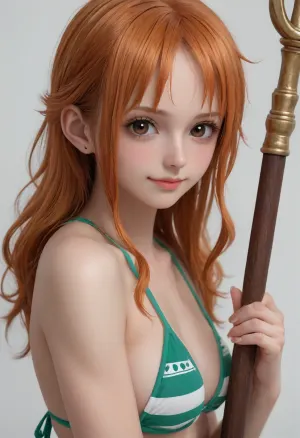 portrait of Nami from One Piece, wearing a striped white and green bikini, (orange hair:1.5), (long straight hair), side locks framing her face, (large high forehead), brown eyes, large round eyes, holding a long staff, (shy smile), cute, small nose, athletic body, large boobs, looking at viewer, half body view, view from side