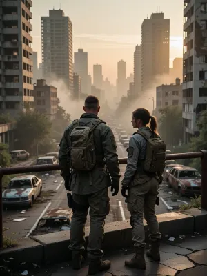 A cinematic wide shot of an abandoned, overgrown, post-apocalyptic city at sunset. Nature has reclaimed the cracked tarmac and towering concrete skyscrapers. Rusty, abandoned cars block the empty street. In the foreground, a man and a woman in worn tactical gear stand on an overpass, gazing out at the ruined skyline. The soft light of the ‘golden hour’ filtering through thick smog and dust particles, a cinematic composition, photorealistic, ultra-detailed textures, 8K resolution.