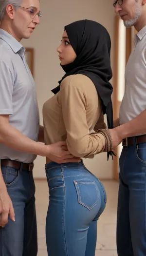 ((side view)), (1man + 1girl), cute 18 years Algerian woman, ((hands tied in the back)), small body, (tight jeans), (round bubble butt), (dark tanned skin), cute face, innocent face, (long black hijab-scarf), (caught by force and molested), ((tall, old man groping her ass)), by force, back view, fully clothed, <lora:Ass_Pants_XL:1.7>, <lora:flat_chested_v3.5:1.1>, <lora:bottomheavy_v1_sdxl_LoRA:1>, <lora:RMSDXL_Photo:2>, <lora:Beautify-Supermodel-SDXL:1.9>