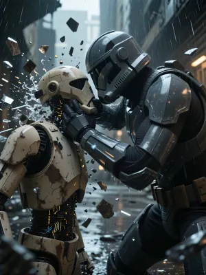 a dynamic digital concept art piece capturing the exact micro-second of impact as a custom-armored, veteran Clone Trooper delivers a raw, powerhouse punch directly into the jaw of a B1 battle droid. The droid's beige, weathered head is violently snapped to the side, with fragments of circuitry and metal shards spraying outward frozen in mid-air. The Clone Trooper is leaned in, muscles straining through dark grey stealth plating, his visored helmet conveying sheer aggression. The scene is set in a rain-slicked urban ruin of Coruscant, with shattered debris floating in zero-gravity adding to the atmosphere. The lighting is harsh and dramatic, with deep shadows, captured from a low-angle, heroic perspective, creating an intense sense of power and kinetic energy., cinematic shot, dynamic lighting, 75mm, Technicolor, Panavision, cinemascope, sharp focus, fine details, 8k, HDR, realism, realistic, key visual, film still, cinematic color grading, depth of field.